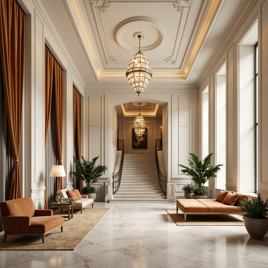 Prompt: Luxurious interior spaces, soft warm lighting, elegant plaster finishes, smooth matte textures, creamy whites, subtle beige tones, ornate moldings, decorative cornices, refined ceiling details, sophisticated wall treatments, lavish chandeliers, plush furnishings, velvet drapes, intricate patterns, high-end materials, rich wood accents, polished marble floors, grand staircases, opulent decor, 1/1 composition, shallow depth of field, soft focus, warm color palette.