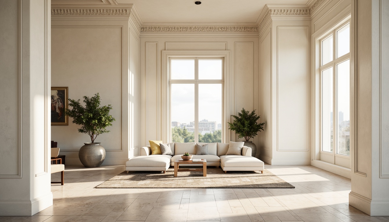 Prompt: Elegant interior space, sophisticated plaster finishes, soft warm lighting, creamy white walls, ornate moldings, intricate ceiling details, luxurious textures, smooth matte surfaces, subtle sheen, richly veined marbles, polished metal accents, refined minimalist decor, airy open spaces, floor-to-ceiling windows, natural wood floors, plush area rugs, ambient occlusion, shallow depth of field, 1/1 composition, realistic reflections.