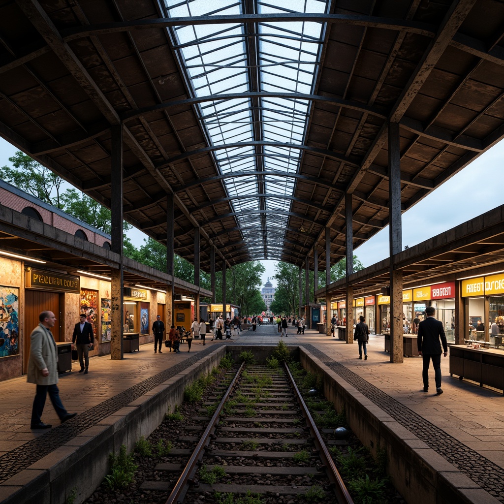 Prompt: Abandoned railway station, vintage industrial architecture, rusty metal beams, worn brick walls, dimly lit platforms, nostalgic ambiance, modern adaptive reuse, sleek contemporary design, glass and steel canopy, vibrant street art, urban revitalization, bustling public spaces, pedestrian-friendly infrastructure, eco-friendly transportation hubs, green roofs, solar-powered bus shelters, dynamic LED lighting, futuristic signage, 3/4 composition, shallow depth of field, cinematic color grading.