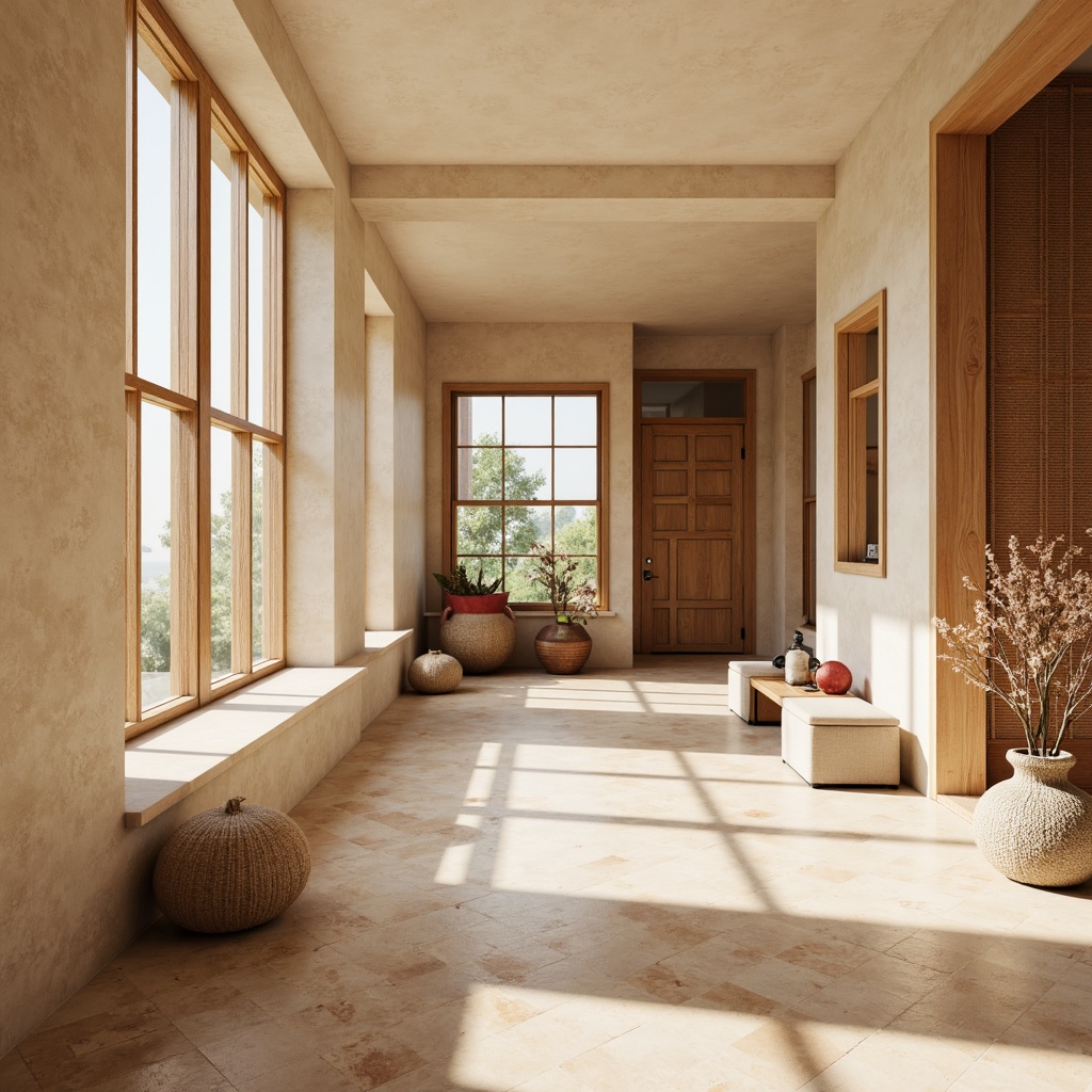 Prompt: Soft warm beige walls, calming natural wood tones, serene earthy brown floors, gentle cream accents, soothing blue-green hues, vibrant coral pops, delicate flower patterns, elegant curved lines, refined minimal ornamentation, abundant natural light, airy open spaces, subtle texture contrasts, realistic material rendering, 3/4 composition, panoramic view, warm softbox lighting.