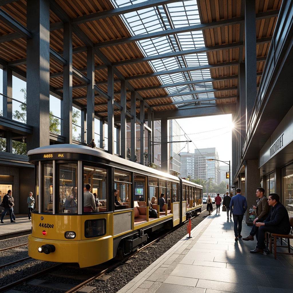 Prompt: Vibrant tram station, modern architecture, large skylights, natural light pouring in, steel beams, industrial chic, urban atmosphere, busy commuters, rush hour scene, bright sunlight, warm tone, shallow depth of field, 1/1 composition, realistic textures, ambient occlusion, sleek metal columns, wooden accents, minimalist design, functional layout, efficient passenger flow, comfortable seating areas, informative signage, urban landscape views, cityscape backdrop.