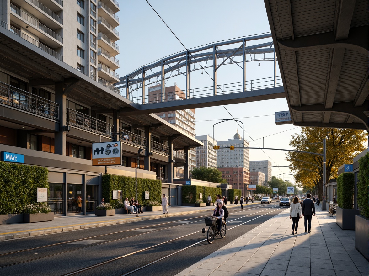 Prompt: Modern tram station, sleek metal framework, cantilevered roofs, ample natural light, efficient passenger flow, clear signage, intuitive wayfinding, spacious platforms, comfortable seating areas, green walls, urban integration, bustling city atmosphere, morning commute, soft warm lighting, shallow depth of field, 3/4 composition, panoramic view, realistic textures, ambient occlusion.