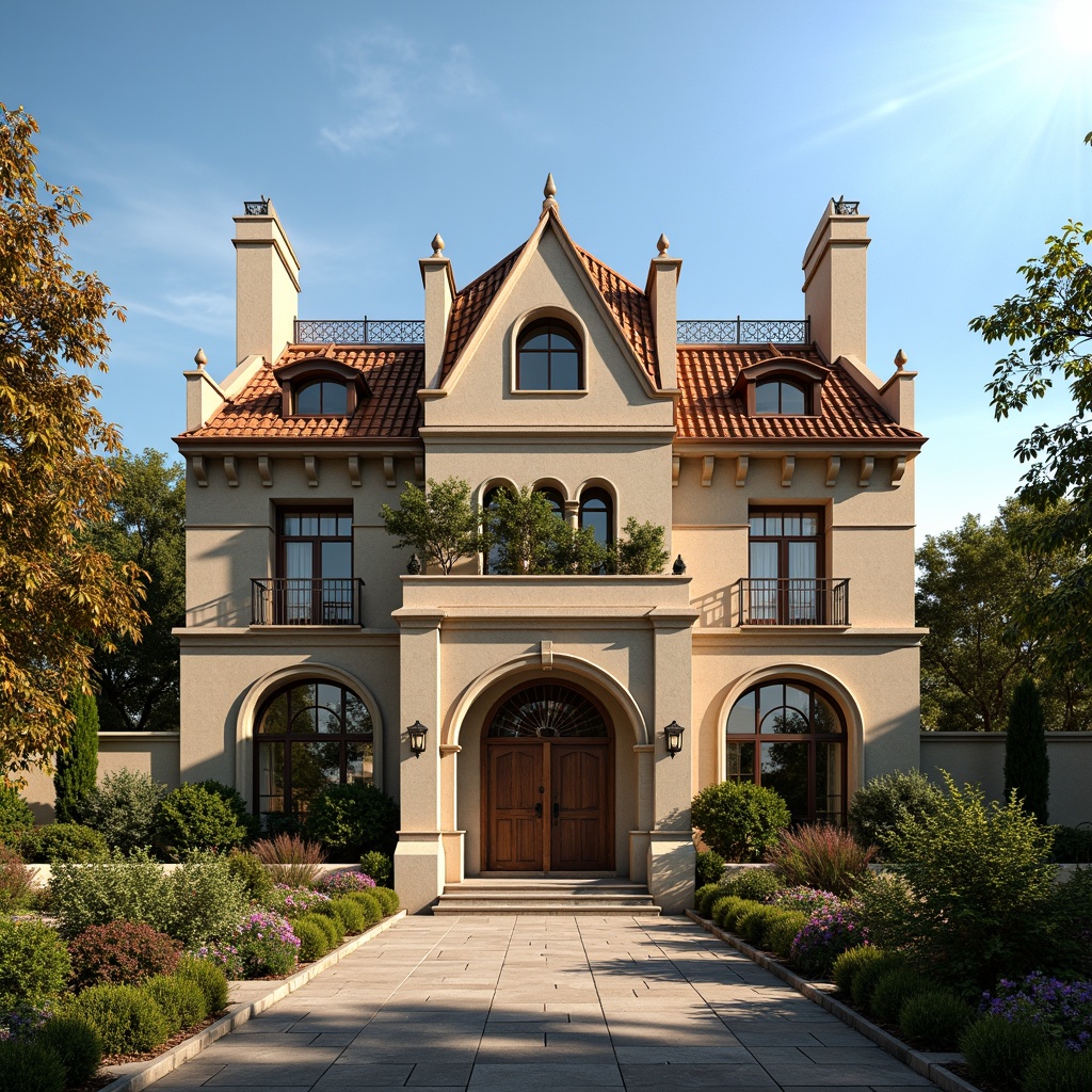 Prompt: Ornate Renaissance-style building, terracotta roof tiles, curved dormer windows, ornamental chimneys, grandiose entrance gates, intricately carved stonework, symmetrical facade, lush greenery, blooming flowers, sunny day, warm golden lighting, 1/1 composition, realistic textures, ambient occlusion.