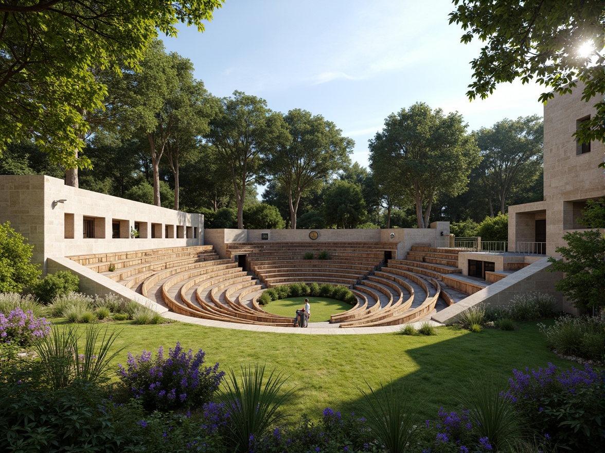 Prompt: Open-air amphitheater, curved seating rows, grassy slope, natural stone walls, rustic wooden benches, lush greenery, surrounding trees, sunny day, warm soft lighting, gentle breeze, cross ventilation, high ceiling, clerestory windows, solar tubes, skylights, breathable materials, earthy color palette, organic forms, blending into landscape, panoramic view, 1/2 composition, shallow depth of field.