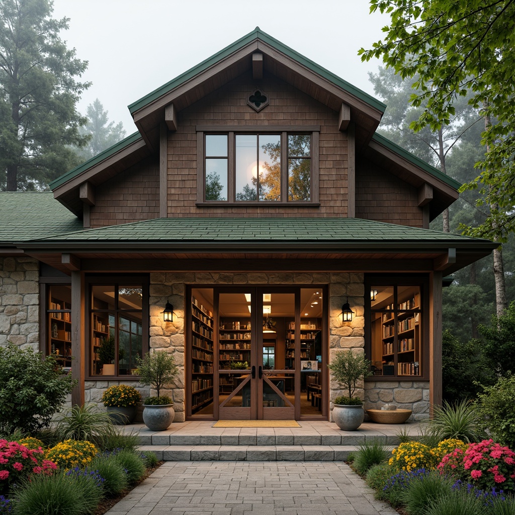 Prompt: Rustic library facade, regionalist architecture style, earthy tones, natural stone walls, wooden accents, green roof, overhanging eaves, large windows, stained glass details, ornate metalwork, lantern-inspired lighting, cozy reading nooks, vibrant flower arrangements, lush greenery, misty morning atmosphere, warm soft lighting, shallow depth of field, 1/2 composition, panoramic view, realistic textures, ambient occlusion.