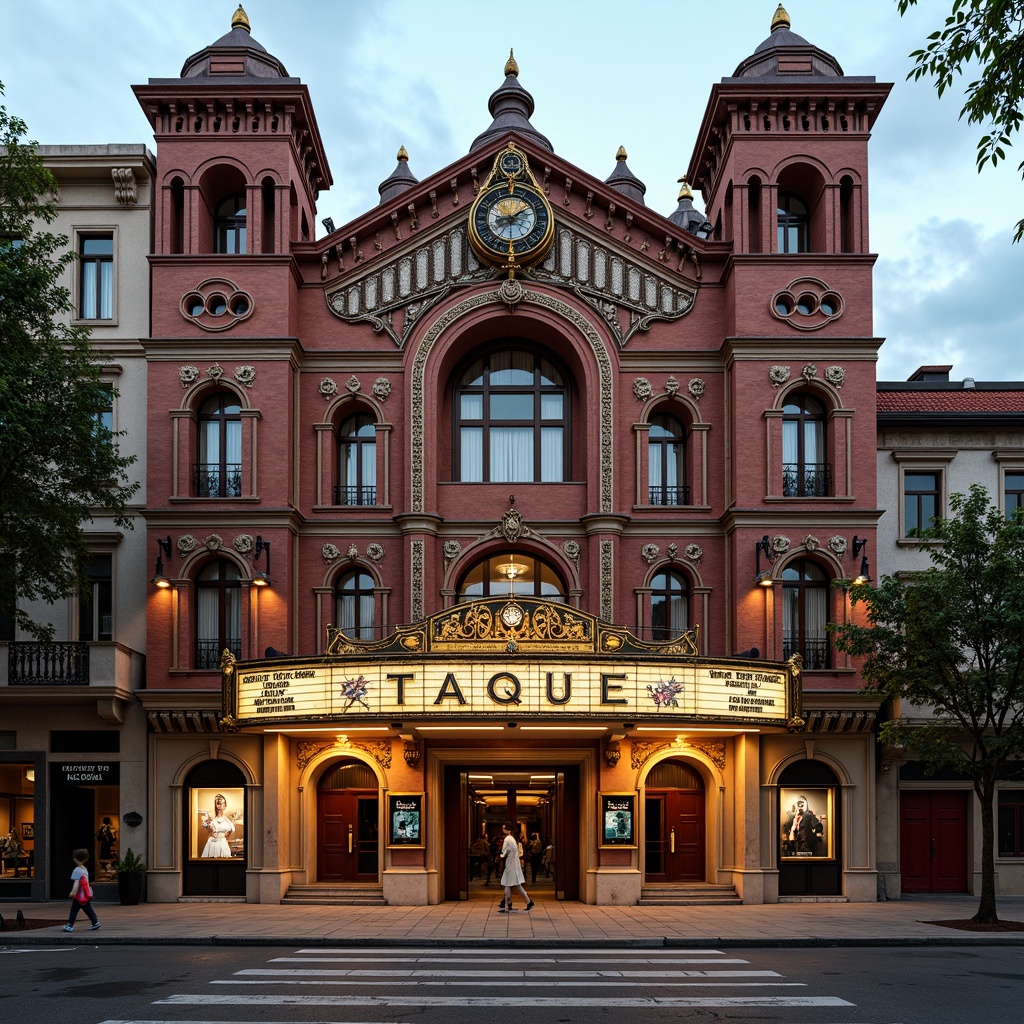 Prompt: Ornate cinema facade, Romanesque arches, intricately carved stonework, grand entranceways, ornamental columns, vibrant red brick, rustic stone walls, decorative cornices, grand clock towers, intricate moldings, lavish golden details, soft warm lighting, cinematic signage, nostalgic film posters, historic landmark status, 1/1 composition, shallow depth of field, cinematic color grading, high-contrast lighting.