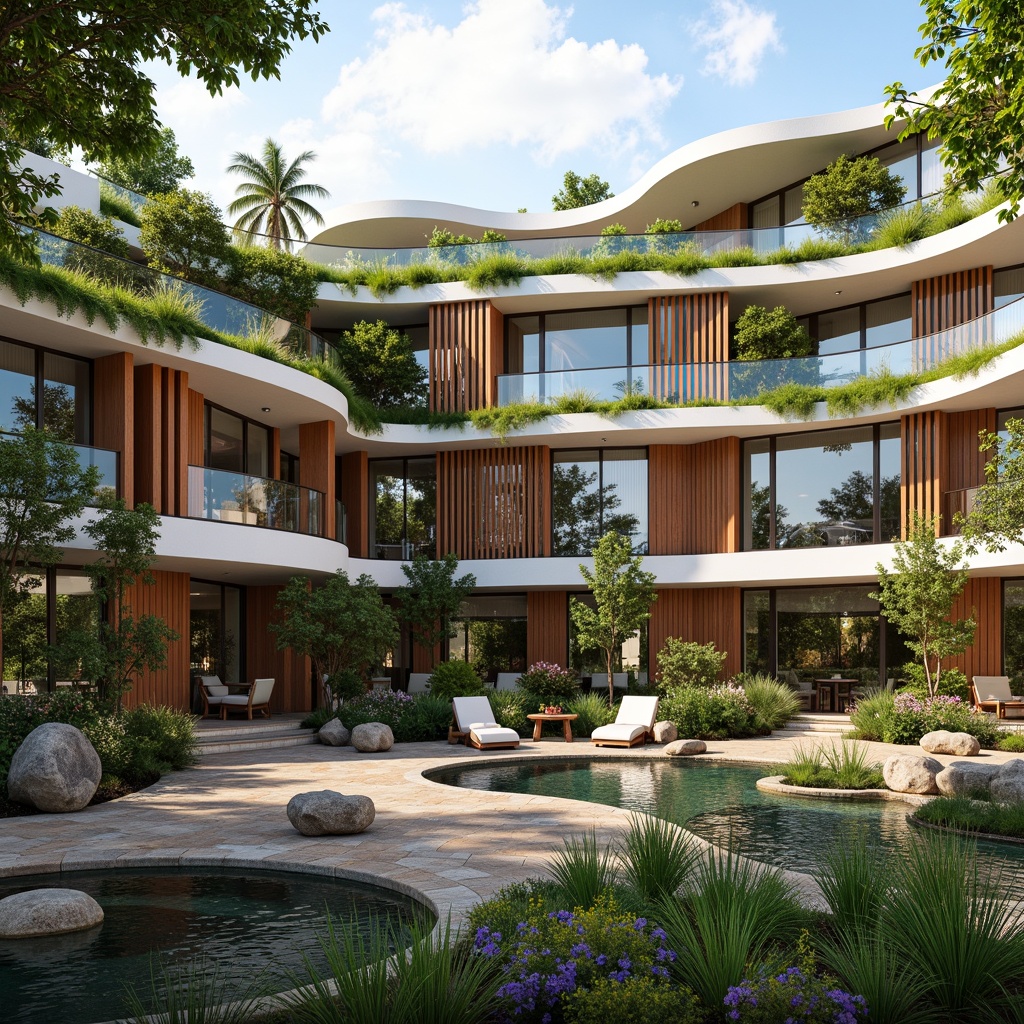 Prompt: Harmonious building facade, lush green roofs, cascading water features, natural stone walls, wooden accents, floor-to-ceiling windows, sliding glass doors, outdoor seating areas, vibrant planters, curved lines, organic shapes, earthy color palette, sustainable materials, energy-efficient systems, solar panels, rainwater harvesting, greywater reuse, native flora integration, serene ambiance, warm soft lighting, shallow depth of field, 2/3 composition, panoramic view, realistic textures, ambient occlusion.