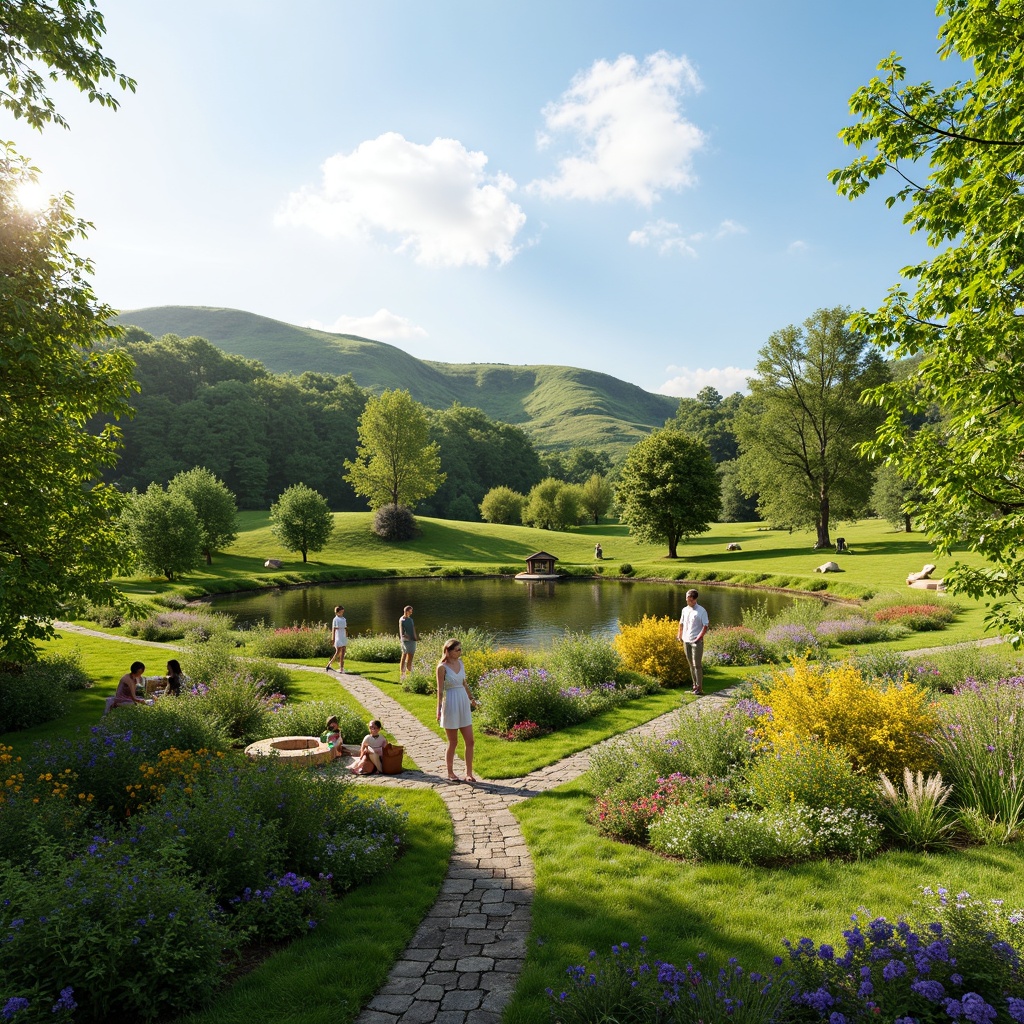 Prompt: Lush green meadow, rolling hills, serene lake, walking trails, native wildflowers, rustic wooden bridges, natural stone pathways, vibrant colorful blooms, sunny day, soft warm lighting, shallow depth of field, 3/4 composition, panoramic view, realistic textures, ambient occlusion, modern outdoor furniture, eco-friendly materials, innovative irrigation systems.