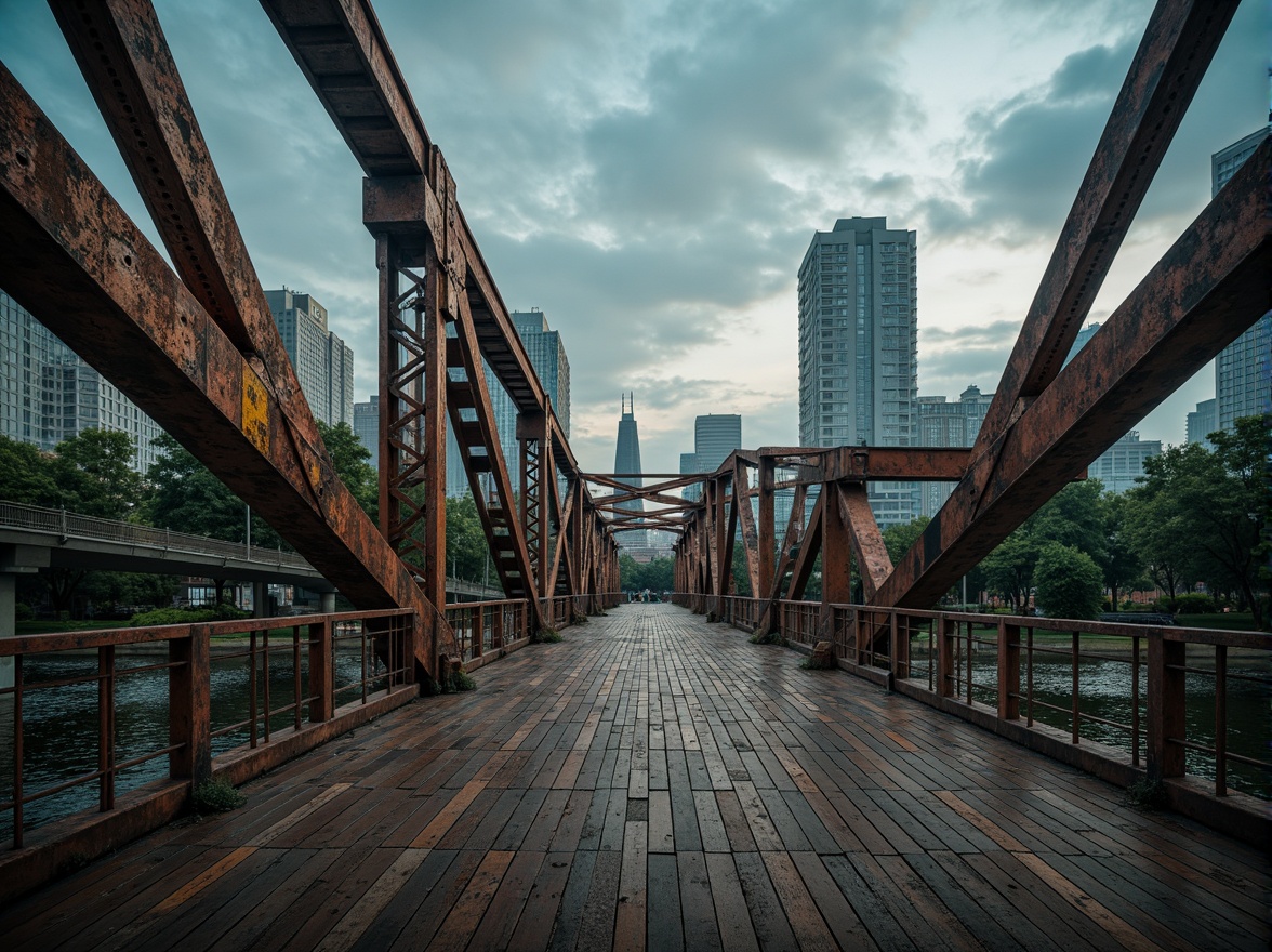 Prompt: Rustic steel bridges, weathered wooden planks, distressed metal railings, warm earthy tones, muted blue-grey skies, misty atmospheric effects, soft natural lighting, subtle gradient maps, realistic rusty textures, intricate structural details, majestic urban landscapes, serene waterfront views, calm river flows, lush greenery surroundings, vibrant yellow accents, bold orange highlights, deep navy blue shadows, warm golden hour ambiance, cinematic wide-angle shots, 1/1 composition, high contrast ratio.