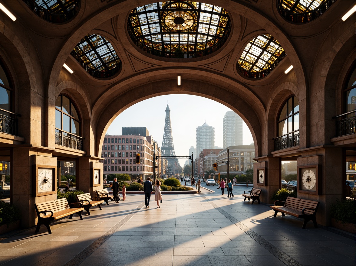 Prompt: Curved ornate train station, grandiose entrance halls, stained glass ceilings, ironwork details, organic forms, flowing lines, elegant typography, vintage luggage carts, antique clocks, polished wooden benches, soft warm lighting, shallow depth of field, 3/4 composition, panoramic view, realistic textures, ambient occlusion, urban cityscape, busy streets, modern skyscrapers, historic landmarks, vibrant street art, eclectic cultural fusion.