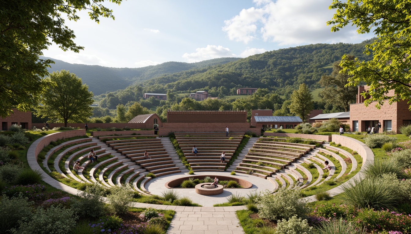 Prompt: Amphitheater-shaped building, natural stone walls, green roofs, solar panels, rainwater harvesting systems, organic gardens, native plant species, meandering walkways, wooden benches, scenic viewpoints, tiered seating areas, curved lines, earthy tones, warm lighting, shallow depth of field, 1/1 composition, panoramic view, realistic textures, ambient occlusion.