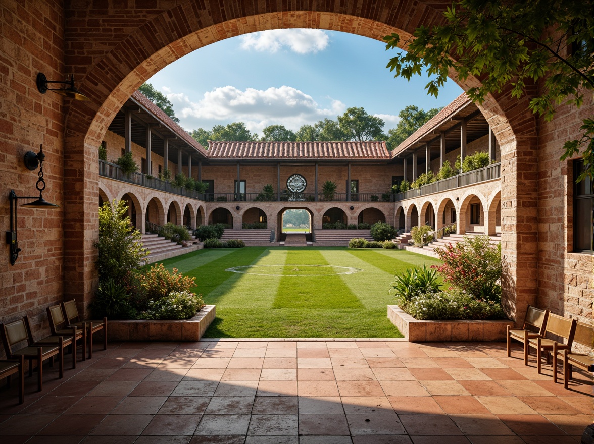 Prompt: Renaissance-style stadium, rustic stone walls, worn brick facades, ornate metal gates, lush green grass, vibrant flower arrangements, vintage athletic equipment, wooden bleachers, distressed leather seats, antique bronze fixtures, natural terracotta flooring, earthy clay tones, warm afternoon sunlight, soft diffused lighting, shallow depth of field, 3/4 composition, symmetrical architecture, realistic weathering effects, ambient occlusion.