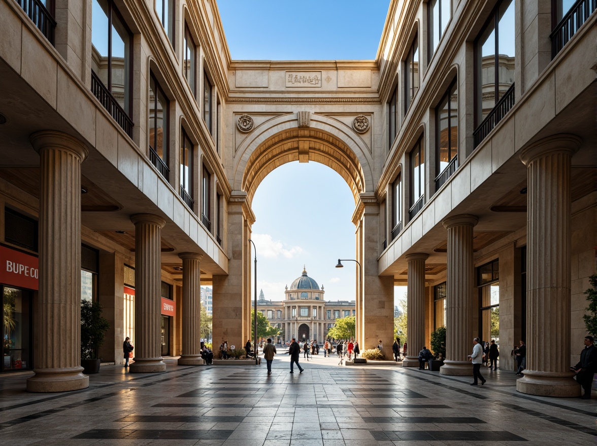 Prompt: Symmetrical grand entrance, ornate stone carvings, harmonious archways, balanced columns, mirrored reflections, central axis, radial patterns, geometric shapes, imposing monumentality, majestic city squares, vibrant urban landscapes, clear blue skies, warm golden lighting, shallow depth of field, 1/1 composition, realistic textures, ambient occlusion.