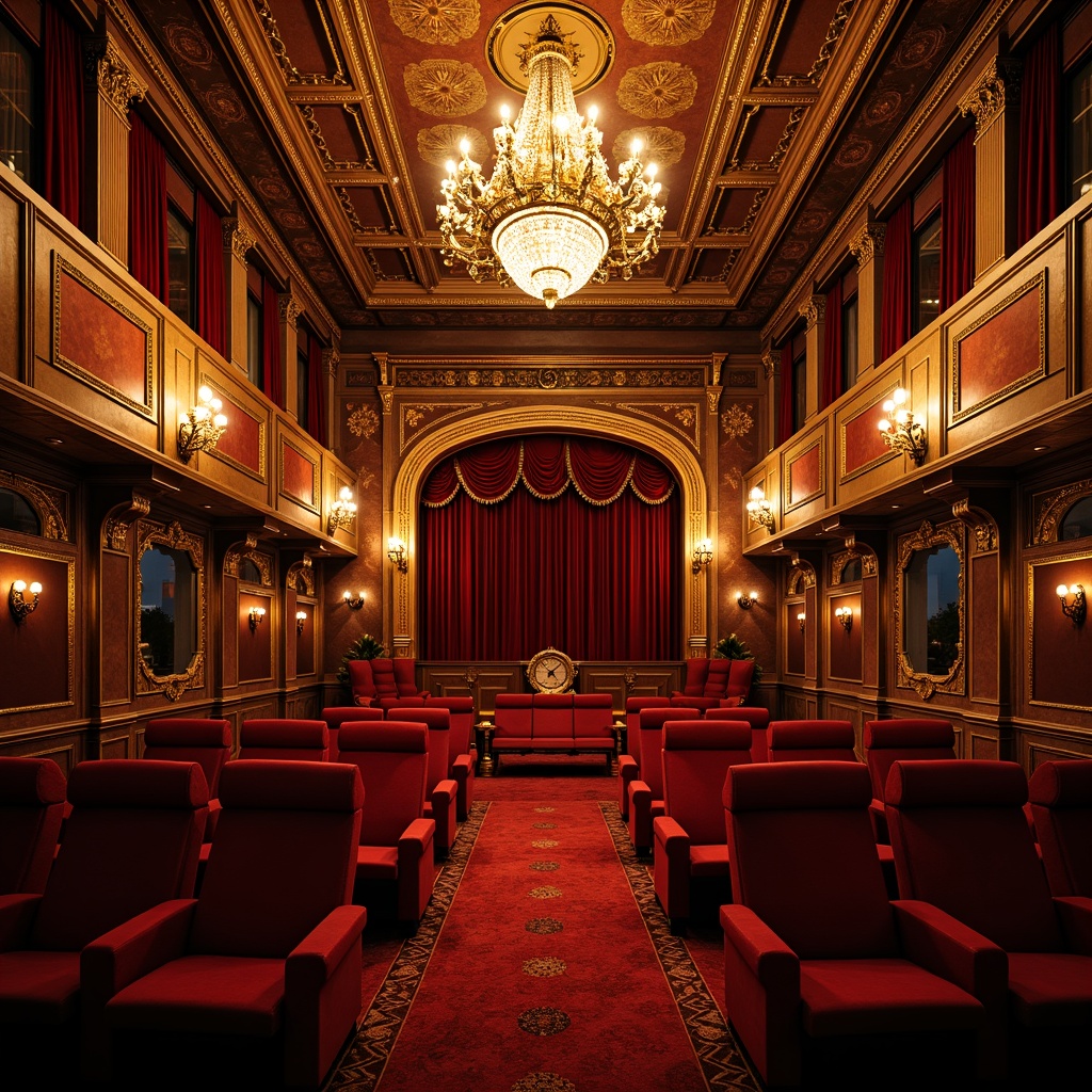 Prompt: Richly ornamented cinema interior, lavish Romanesque details, grandiose chandeliers, opulent velvet curtains, intricately carved wooden panels, ornate gilded mirrors, plush red carpeting, comfortable luxurious seating, majestic high ceilings, dramatic archways, warm golden lighting, soft focus blur, shallow depth of field, 1/2 composition, cinematic camera angles, realistic textures, ambient occlusion.