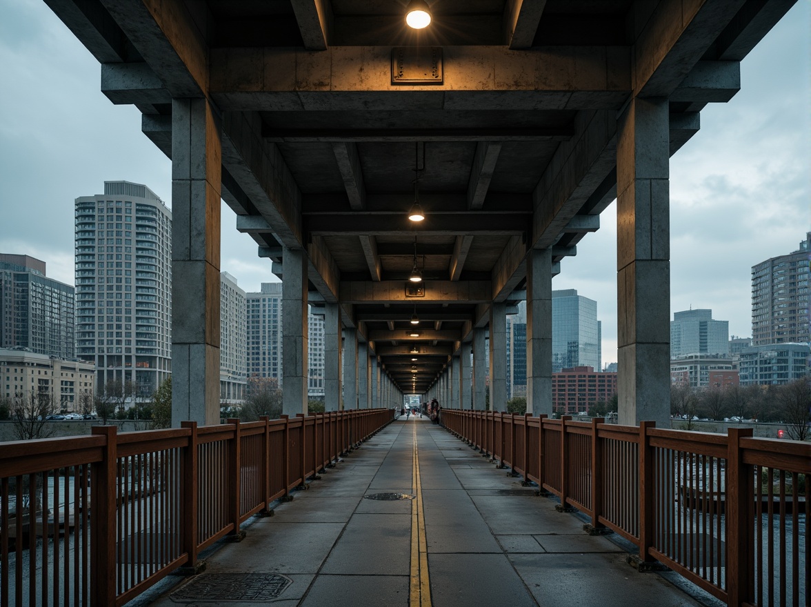 Prompt: Rugged pedestrian bridge, brutalist architecture, exposed concrete structures, raw metal railings, weathered wooden accents, industrial-style lighting fixtures, urban cityscape, gloomy overcast sky, dramatic shadows, high contrast lighting, 1/2 composition, moody atmospheric perspective, rough-textured materials, bold geometric forms.