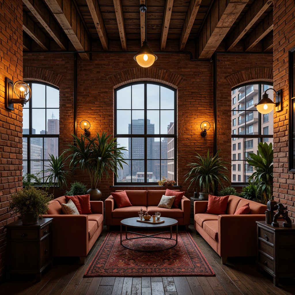 Prompt: Exposed brick walls, distressed wood beams, industrial metal pipes, vintage factory windows, reclaimed wooden floors, rustic metal doors, Edison bulb lighting, urban cityscape views, soft natural light, warm cozy atmosphere, comfortable plush sofas, velvet throw pillows, rich dark wood tones, decorative antique machinery, romantic candlelit ambiance, shallow depth of field, 1/1 composition, warm color palette, realistic textures, ambient occlusion.