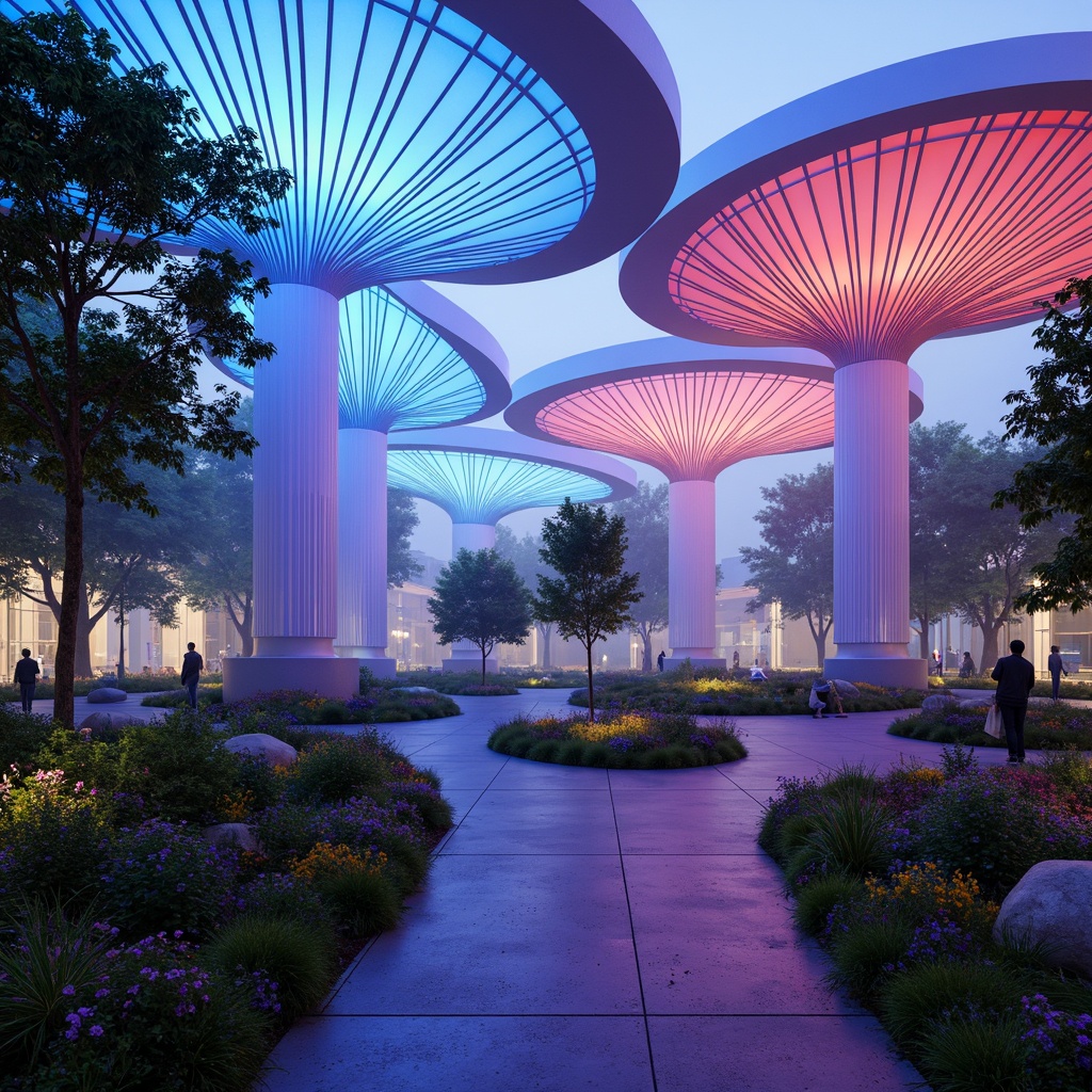 Prompt: Vibrant pavilion, iridescent colors, bioluminescent accents, glowing mushroom-inspired structures, undulating curves, organic forms, translucent canopies, shimmering fabrics, neon-lit interior, misty atmosphere, soft ambient lighting, 3/4 composition, shallow depth of field, warm color temperatures, futuristic architecture, sustainable materials, eco-friendly design, innovative ventilation systems, lush greenery, blooming flowers, serene ambiance, panoramic view, realistic textures.