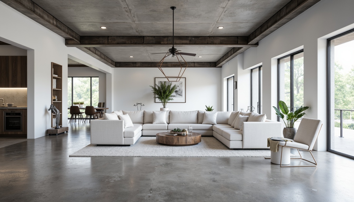 Prompt: Monochromatic color scheme, sleek furniture, minimal ornamentation, spacious open floor plan, abundant natural light, floor-to-ceiling windows, sliding glass doors, polished concrete floors, industrial-chic metal beams, geometric-shaped decorative accents, subtle texture contrasts, calming ambiance, 1/1 composition, softbox lighting, shallow depth of field, realistic reflections, ambient occlusion.