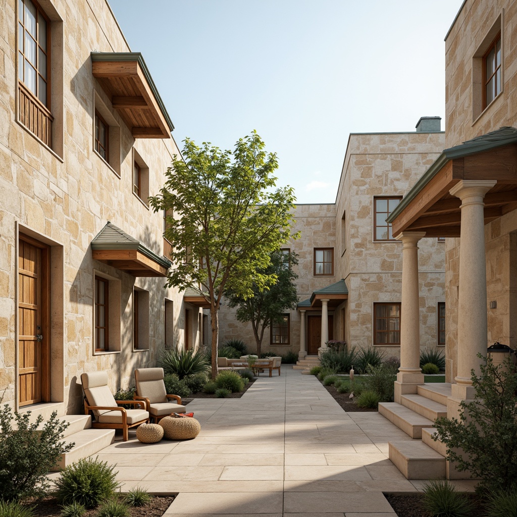 Prompt: Earthy tone buildings, natural stone facades, warm beige walls, soft green roofs, calming blue accents, creamy white columns, rustic wooden doors, subtle texture variations, organic shape formations, serene atmosphere, gentle morning light, shallow depth of field, 1/1 composition, realistic material rendering, ambient occlusion.