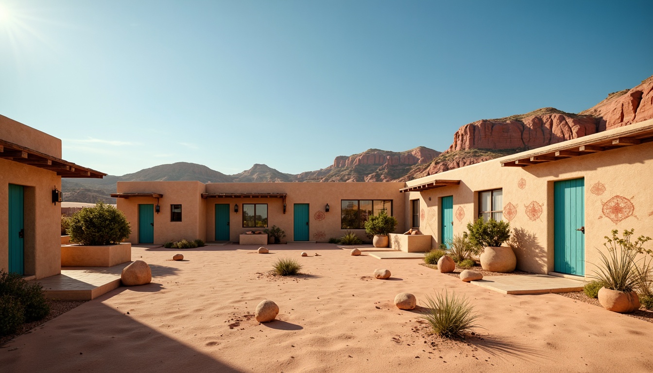 Prompt: Earth-toned adobe buildings, warm beige stucco walls, rustic wooden accents, vibrant turquoise doors, rich terracotta rooftops, soft sandy dunes, clear blue skies, traditional Southwestern patterns, intricate Native American motifs, bold red rock formations, arid desert landscapes, warm golden lighting, shallow depth of field, 3/4 composition, panoramic view, realistic textures, ambient occlusion.