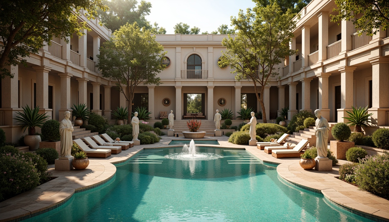 Prompt: Grandiose swimming pool, symmetrical composition, ornate fountains, majestic statues, curved stone steps, Italian Renaissance-inspired architecture, lavish decorations, intricate mosaics, turquoise water, dramatic lighting, reflected sunlight, luxurious lounge chairs, ornamental planters, sculpted hedges, classical columns, regal ambiance, warm golden tones, subtle texture variations, 1/1 composition, central axis symmetry, shallow depth of field.