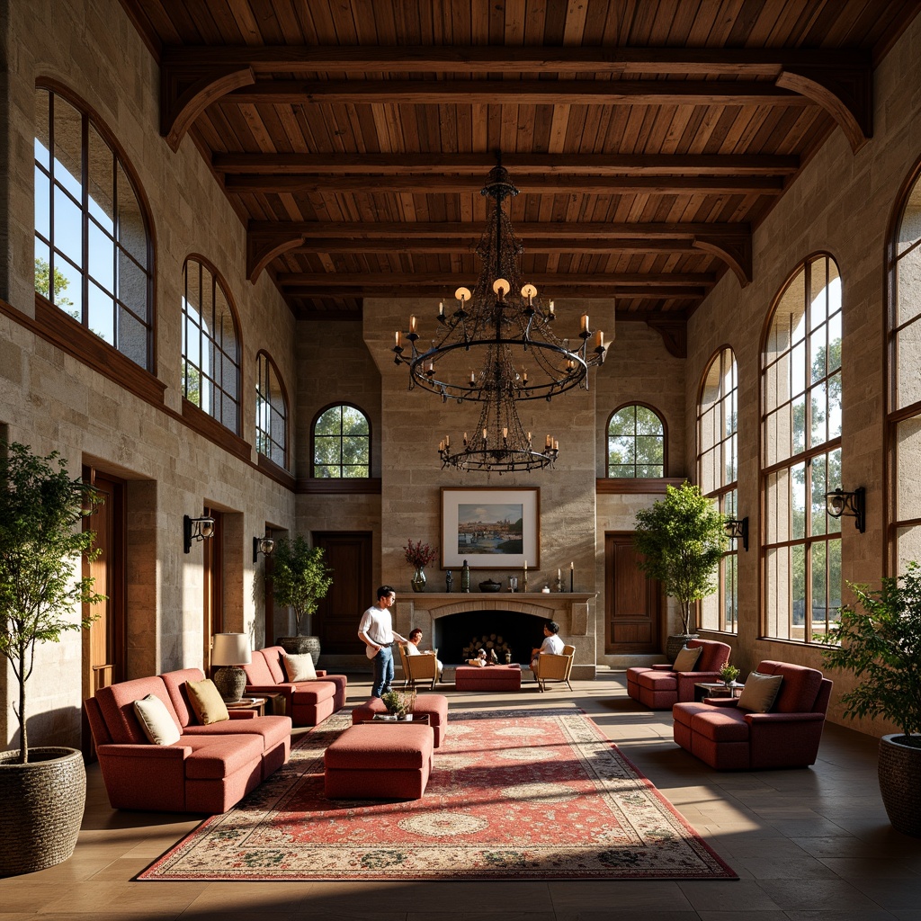 Prompt: Rustic hotel lobby, natural stone walls, wooden beams, earthy color palette, vintage furniture, ornate metalwork, grand chandeliers, cozy fireplaces, plush textiles, botanical patterns, rich wood accents, arched doorways, stained glass windows, warm ambient lighting, soft shadows, 1/1 composition, shallow depth of field, realistic textures, warm afternoon sunlight.