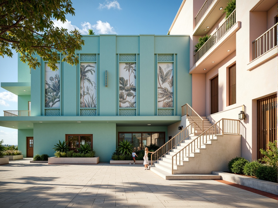 Prompt: \Vibrant coastal courthouse, Art Deco style, pastel blue facade, ornate metal details, geometric patterns, creamy white columns, rich wood accents, ocean-inspired murals, soft peach walls, elegant staircases, bronze fixtures, nautical-themed decorations, sunny day, warm natural light, shallow depth of field, 1/1 composition, symmetrical framing, realistic textures, subtle ambient occlusion.\