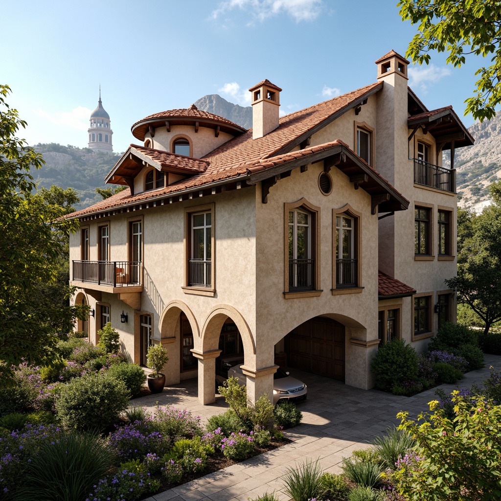 Prompt: Ornate Renaissance-style roof, curved terracotta tiles, decorative stone carvings, grandiose domes, intricate metalwork, ornamental chimneys, rustic wooden beams, lush greenery, blooming flowers, sunny day, warm soft lighting, shallow depth of field, 3/4 composition, panoramic view, realistic textures, ambient occlusion, Italian-inspired architecture, romantic balconies, arched windows, ornate doorways.