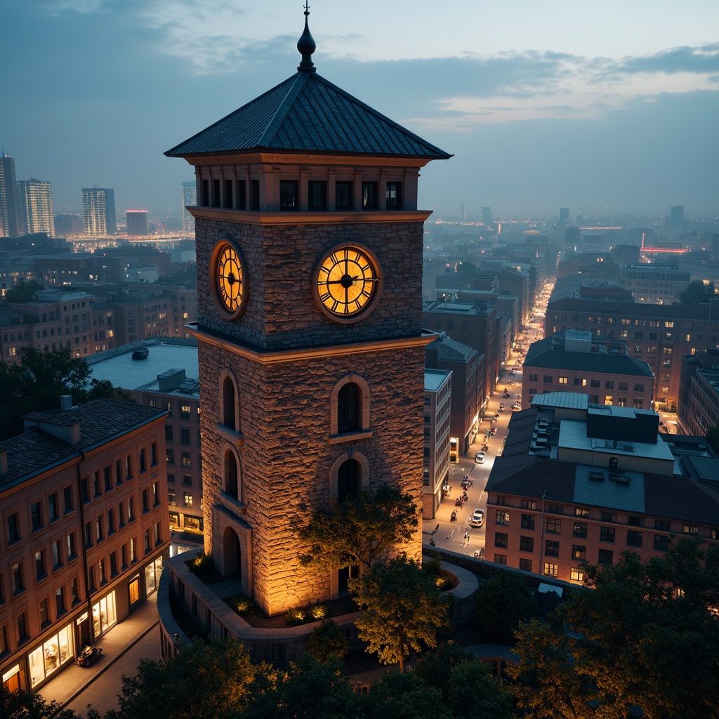 Prompt: Historic watchtower, brick fa\u00e7ade, stone walls, wooden roofs, ancient clock mechanisms, panoramic city views, urban landscape integration, modern skyscrapers, bustling streets, vibrant nightlife, neon lights, foggy mornings, warm golden lighting, shallow depth of field, 1/2 composition, cinematic camera angles, realistic textures, ambient occlusion.