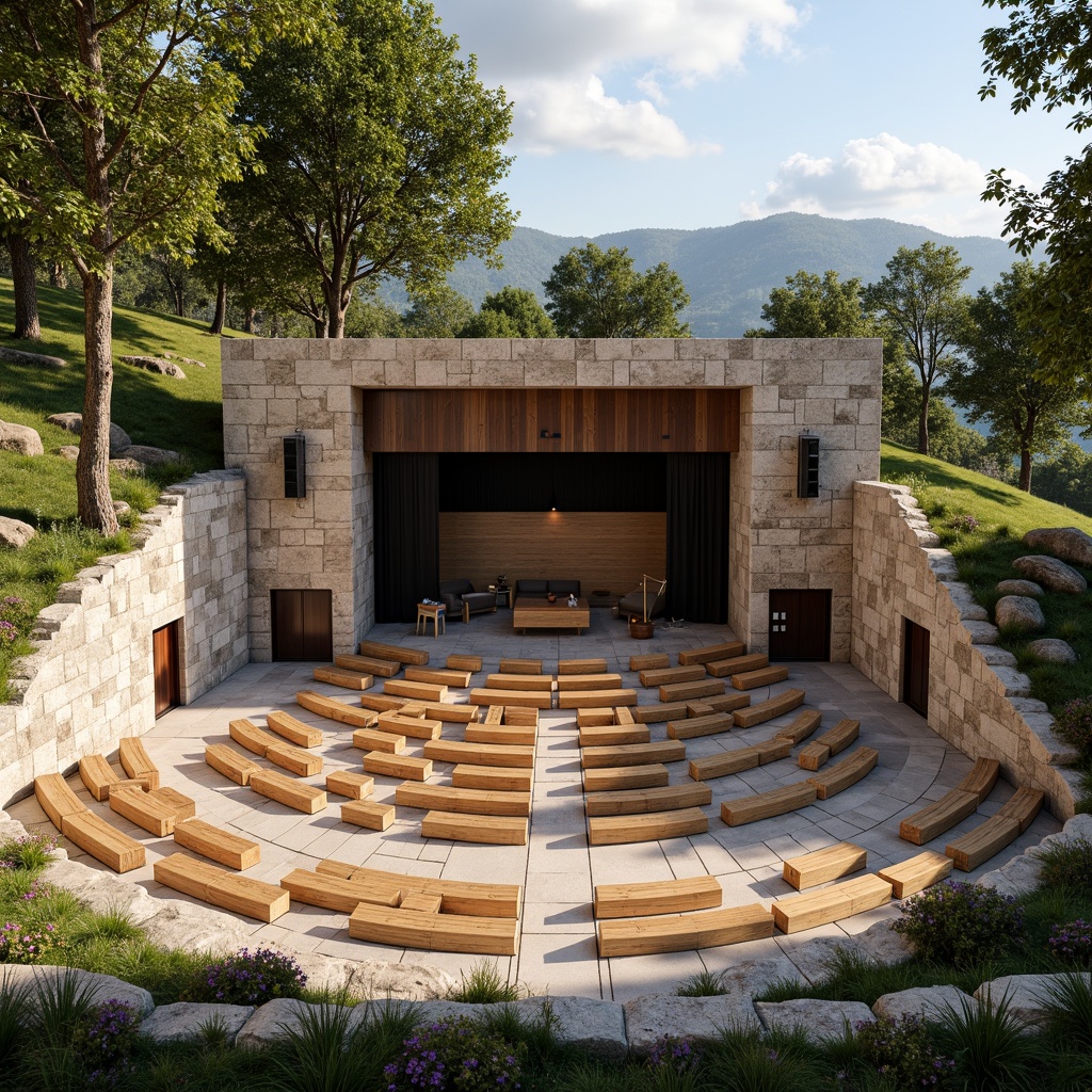 Prompt: Natural stone amphitheater, curved seating areas, wooden stage floors, suspended sound systems, acoustic panels, reverberation-enhancing design, audience-oriented layout, tiered seating structures, grassy slopes, surrounding trees, sunny afternoon, warm soft lighting, shallow depth of field, 3/4 composition, panoramic view, realistic textures, ambient occlusion.