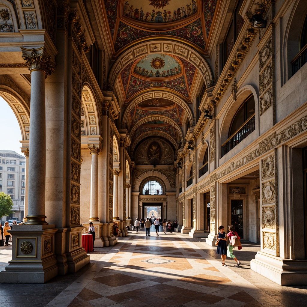 Prompt: Intricate stone carvings, ornate marble columns, grand arches, vibrant mosaics, golden domes, richly ornamented facades, ornamental brickwork, rusticated bases, decorative pilasters, ornate capitals, polished granite floors, rich textiles, luxurious furnishings, warm candlelight, dramatic shadows, high contrast lighting, 1/2 composition, symmetrical framing, realistic renderings, ambient occlusion.