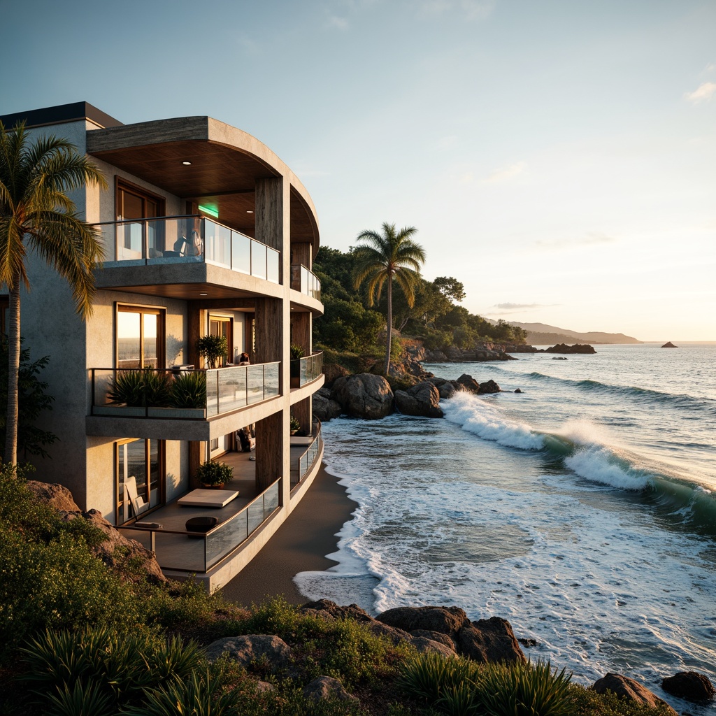 Prompt: Wave-crashing coastal apartments, ocean-view balconies, floor-to-ceiling glass windows, sleek metallic railings, weathered wood accents, driftwood-inspired textures, sea-salt infused color palette, undulating rooflines, cantilevered overhangs, coral-patterned screens, tropical landscaping, palm tree silhouettes, warm golden lighting, soft misty atmosphere, shallow depth of field, 2/3 composition, panoramic view, realistic reflections, ambient occlusion.