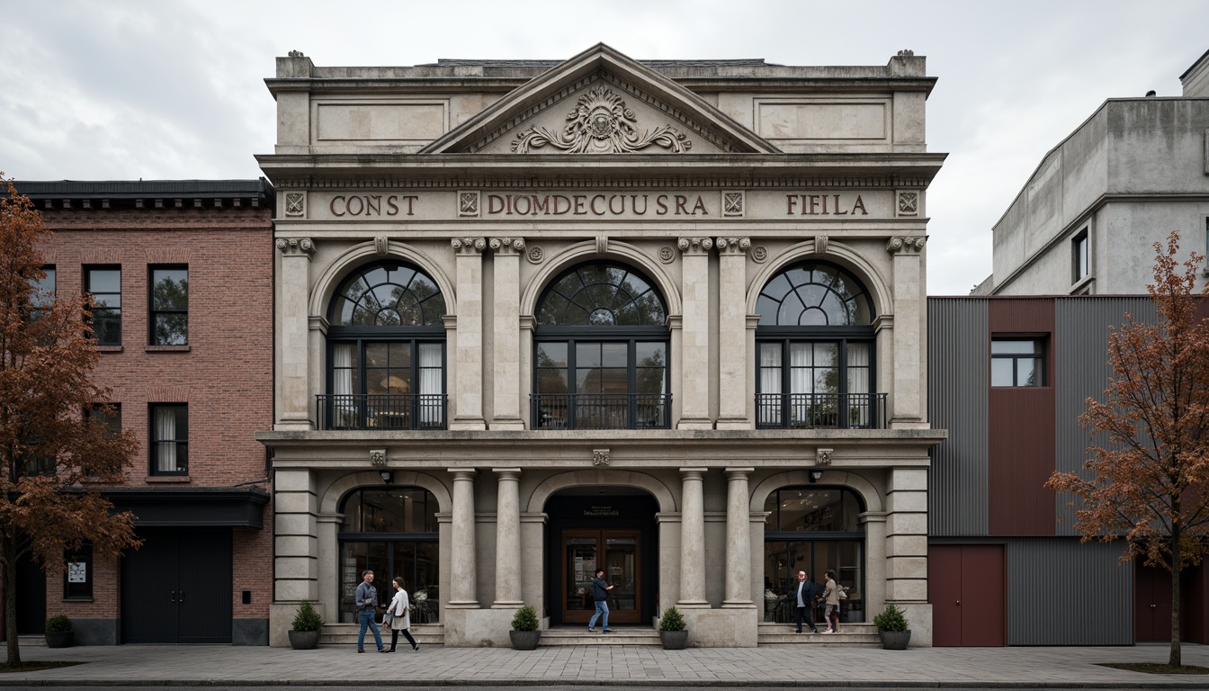 Prompt: Industrial factory building, neoclassical facade, symmetrical composition, grand entrance, ornate columns, carved stone details, metal-framed windows, rusticated base, decorative cornices, classical pediments, subtle arches, balanced proportions, muted color palette, industrial textures, weathered metal cladding, exposed brick walls, functional balconies, urban cityscape, cloudy day, soft diffused lighting, shallow depth of field, 2/3 composition, realistic render.