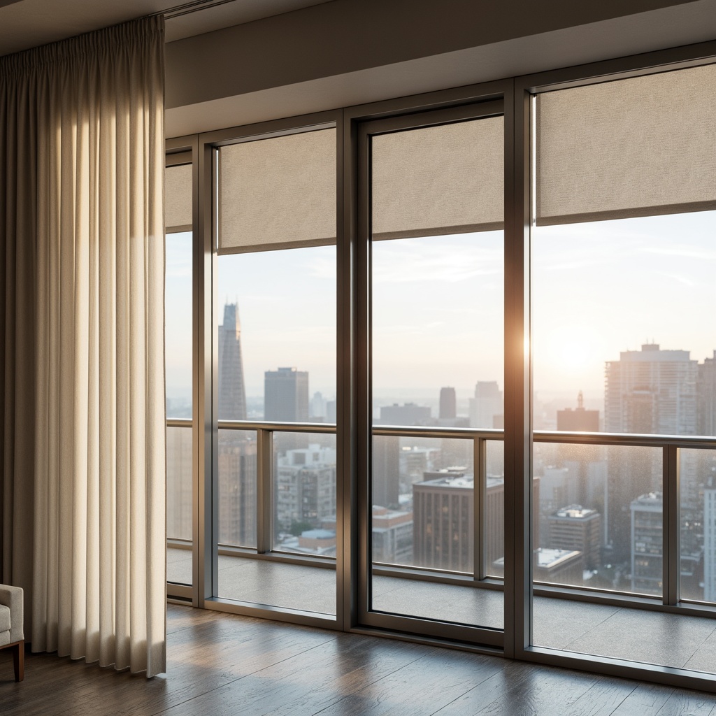 Prompt: Floor-to-ceiling windows, sleek metal frames, minimalist drapery, flowing white curtains, natural linen fabrics, subtle patterned shades, modern roller blinds, automated smart glass, reflective silver coatings, urban cityscape views, morning sunlight, soft warm glow, shallow depth of field, 3/4 composition, panoramic view, realistic reflections, ambient occlusion.