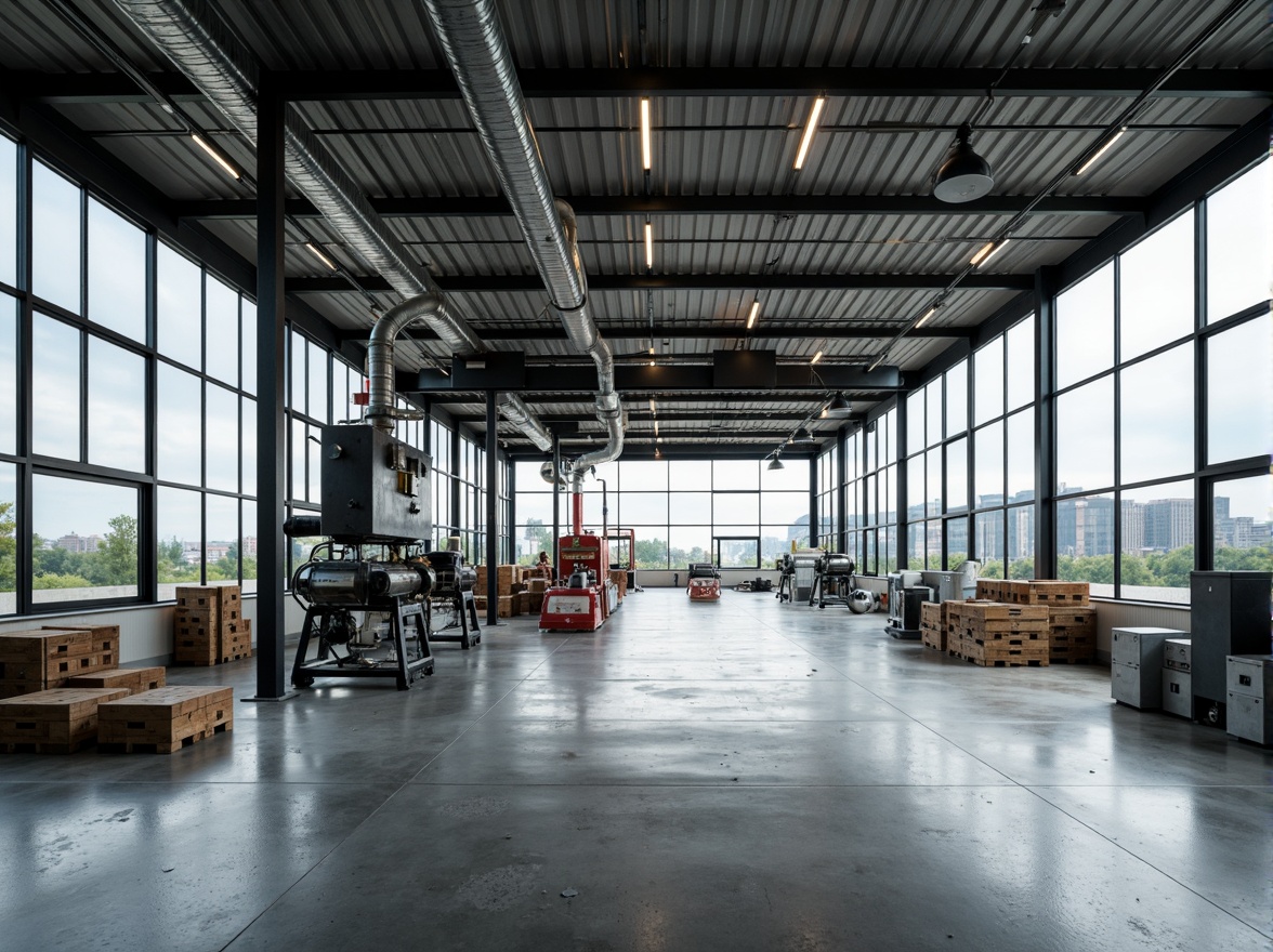 Prompt: Industrial factory building, large glass windows, steel frames, corrugated metal roofs, exposed ductwork, polished concrete floors, minimalist decor, functional simplicity, abundant natural light, airy open spaces, industrial chic aesthetic, modern machinery, sleek production lines, efficient workflow design, urban landscape background, overcast sky, soft diffused lighting, shallow depth of field, 1/1 composition, realistic textures, ambient occlusion.