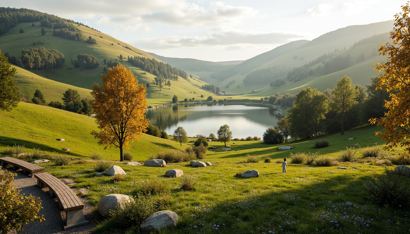 Prompt: Rolling hills, lush green meadows, serene lakeside, walking trails, wooden benches, natural stone pathways, wildflower fields, majestic trees, vibrant autumn foliage, warm sunlight, soft misty atmosphere, 1/2 composition, shallow depth of field, panoramic view, realistic textures, ambient occlusion, harmonious color palette, organic shapes, sustainable landscape design, eco-friendly materials, innovative drainage systems, functional outdoor spaces, minimalistic landscaping, seamless transition between architecture and nature.