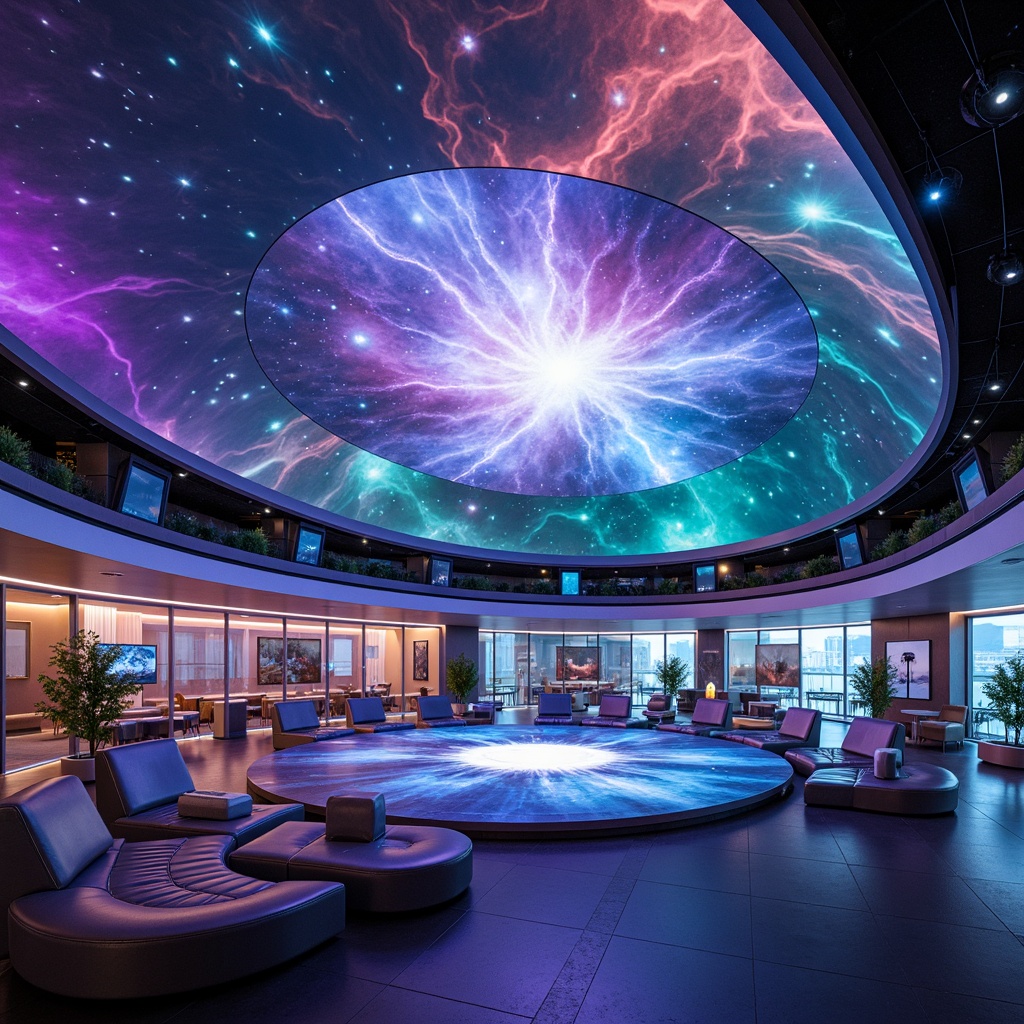 Prompt: Vibrant planetarium, futuristic architecture, iridescent colors, swirling nebulae patterns, neon-lit accents, glowing LED lights, metallic sheen, reflective surfaces, sleek curves, geometric shapes, holographic effects, immersive atmosphere, 3D projections, starry night sky, deep blues, radiant purples, luminescent greens, celestial whites, atmospheric mist, soft focus, shallow depth of field, cinematic composition, panoramic view.