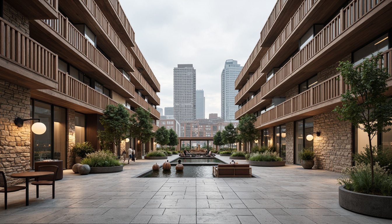 Prompt: Rustic stone walls, smooth wooden accents, rough-hewn brick facades, polished metal details, matte concrete floors, glossy glass railings, intricate stonework patterns, natural earthy tones, contrasting materiality, industrial chic aesthetic, modern minimalist vibe, urban cityscape backdrop, overcast skies, soft diffused lighting, shallow depth of field, 2/3 composition, symmetrical framing, high-contrast textures, ambient occlusion.