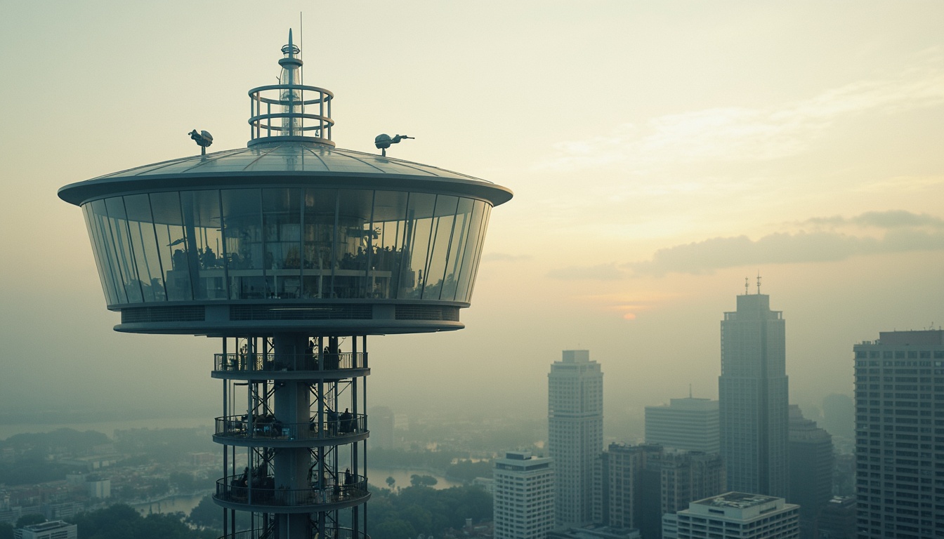 Prompt: Ethereal watching tower, transparent glass walls, sleek metal framework, minimalist design, 360-degree panoramic view, modern surveillance technology, high-tech monitoring systems, futuristic architecture, misty morning atmosphere, soft warm lighting, shallow depth of field, atmospheric perspective, subtle color palette, ambient occlusion, intricate structural details, realistic textures.