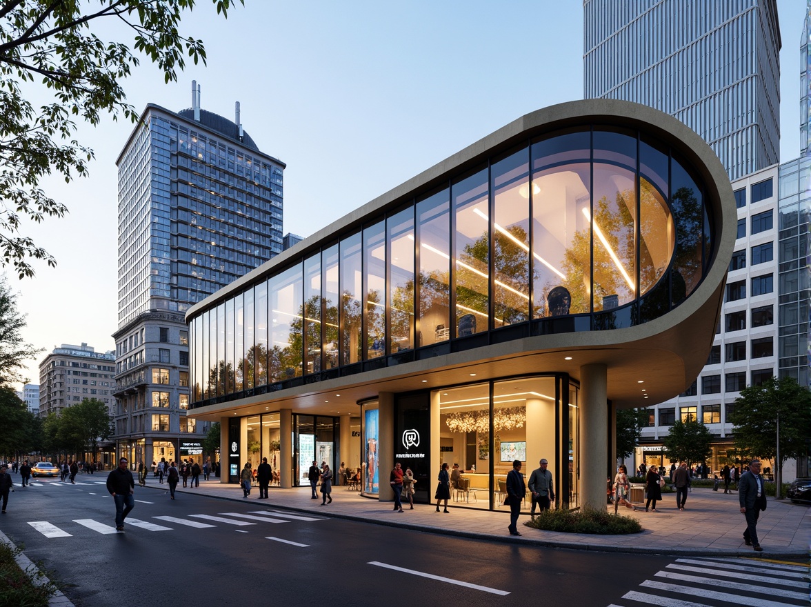 Prompt: Curved tram station facade, futuristic metabolism architecture, iridescent colors, undulating rooflines, organic shapes, biomimetic patterns, translucent glass walls, LED lighting installations, dynamic movement lines, urban cityscape, busy streets, morning commute, warm natural light, shallow depth of field, 1/1 composition, realistic materials, ambient occlusion.