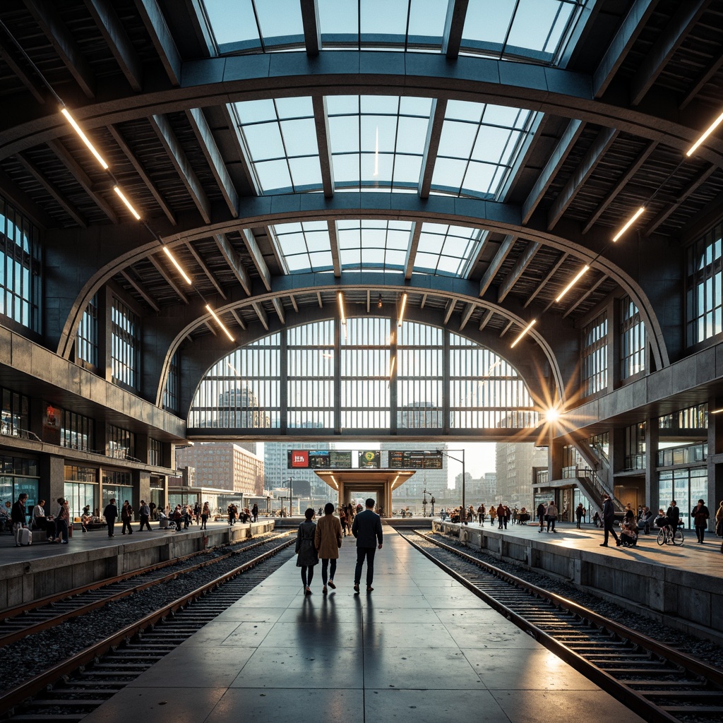 Prompt: Modern train station, sleek steel beams, grand atrium, natural light pouring in, LED strip lights, futuristic glow, urban ambiance, bustling crowd, dynamic signage, stainless steel benches, glass roofs, industrial chic decor, warm ambient lighting, soft shadows, 1/1 composition, symmetrical framing, realistic reflections, subtle color grading, morning commute atmosphere.