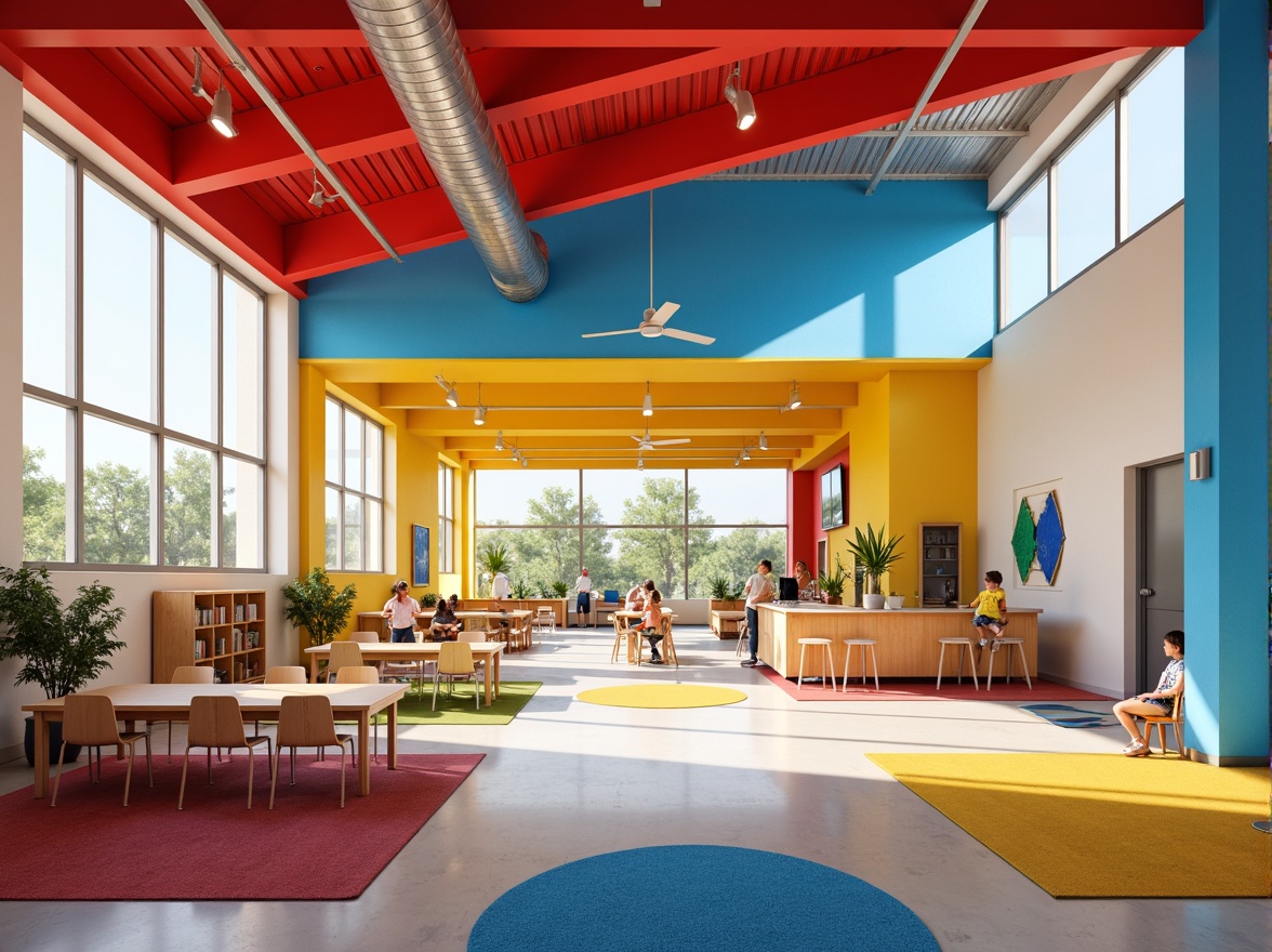 Prompt: Vibrant elementary school, bold geometric shapes, primary color palette, bright red accents, deep blue tones, sunny yellow walls, white minimalist interiors, industrial metal beams, wooden desks, ergonomic chairs, colorful rugs, abstract art pieces, natural light pouring in, large windows, open classrooms, collaborative learning spaces, modern educational facilities, innovative teaching tools, playful kid-friendly atmosphere, soft warm lighting, shallow depth of field, 3/4 composition, realistic textures, ambient occlusion.