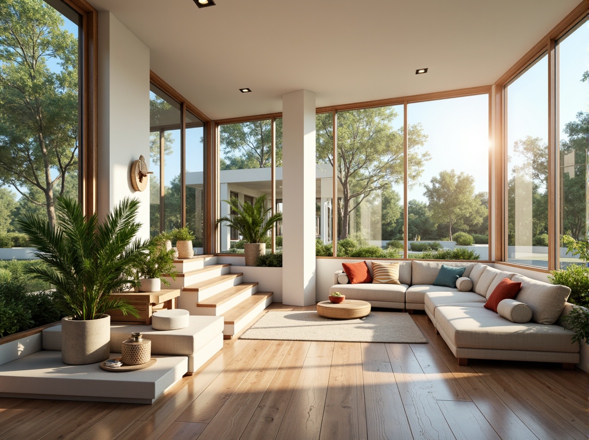 Prompt: Bright airy living room, floor-to-ceiling windows, minimal window frames, transparent glass doors, reflective white walls, polished wooden floors, greenery-filled balconies, morning sunlight, soft warm glow, shallow depth of field, 1/1 composition, panoramic view, realistic textures, ambient occlusion, natural stone accents, earthy color palette, organic shapes, modern minimalist furniture, cozy reading nooks, comfortable plush sofas, vibrant colorful throw pillows, lush indoor plants, airy feel, sense of freedom.