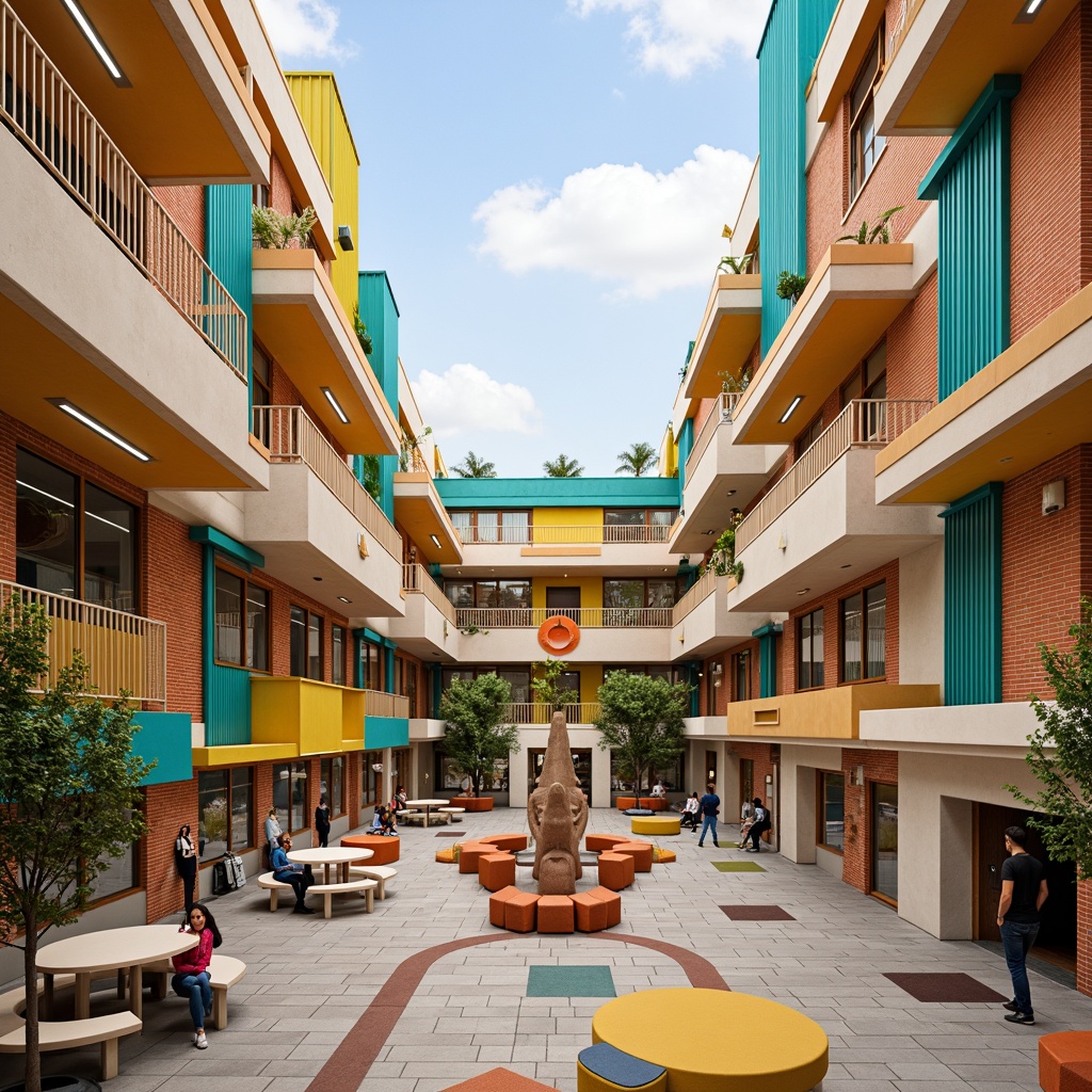 Prompt: Vibrant school building, bold brick facade, bright turquoise accents, warm beige stucco, playful yellow awnings, energetic orange railings, soft peach-toned classrooms, stimulating green roofs, whimsical mosaic murals, irregular window shapes, dynamic archways, expressive sculptural forms, futuristic LED lighting, abstract patterned floors, eclectic mix of textures, cozy reading nooks, flexible modular furniture, innovative learning spaces, natural materials, earthy tones, airy atriums, abundant natural light, softbox lighting, shallow depth of field, 3/4 composition, panoramic view.