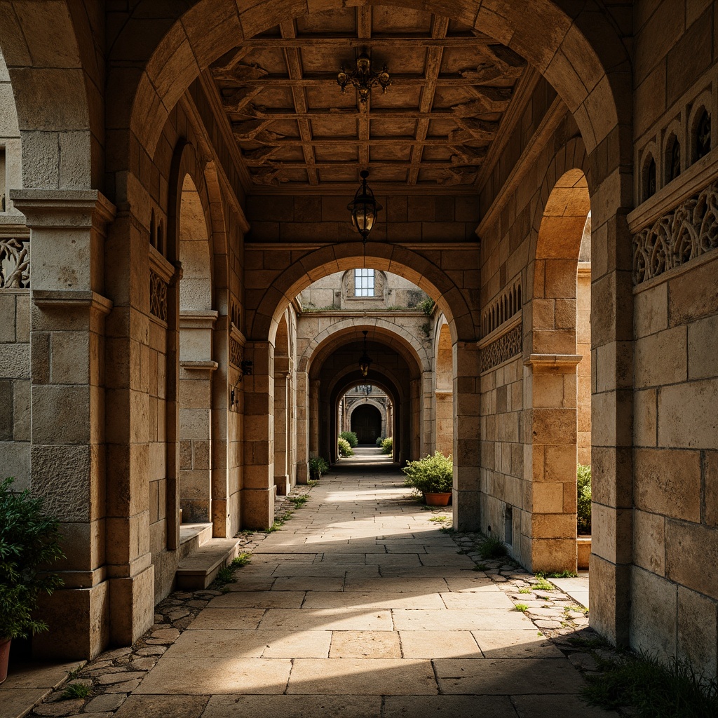 Prompt: Rustic stone walls, ornate carvings, grand archways, ribbed vaults, textured stonework, intricate moldings, earthy color palette, weathered surfaces, distressed finishes, ancient ruins, mystical ambiance, warm golden lighting, dramatic shadows, high contrast ratio, 1/2 composition, narrow aperture, atmospheric perspective.