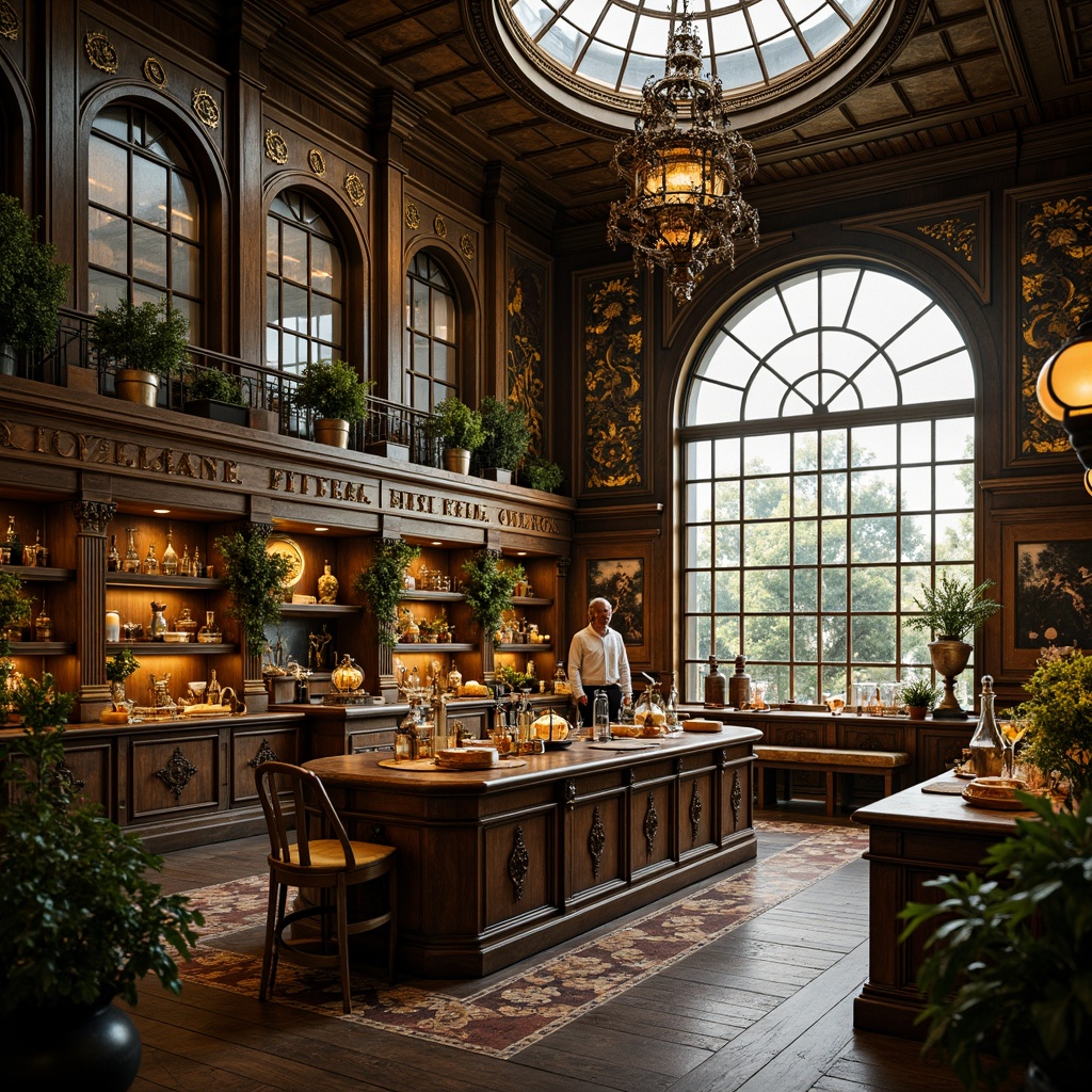 Prompt: \Opulent laboratory, intricate ironwork, curved lines, ornate glass fixtures, rich wood paneling, lavish furnishings, grand chandeliers, vibrant botanical motifs, distressed metal accents, worn stone walls, mystical alchemy symbols, eccentric scientist's lair, warm golden lighting, soft focus blur, 1/1 composition, detailed textures, ambient occlusion, mysterious atmosphere.\