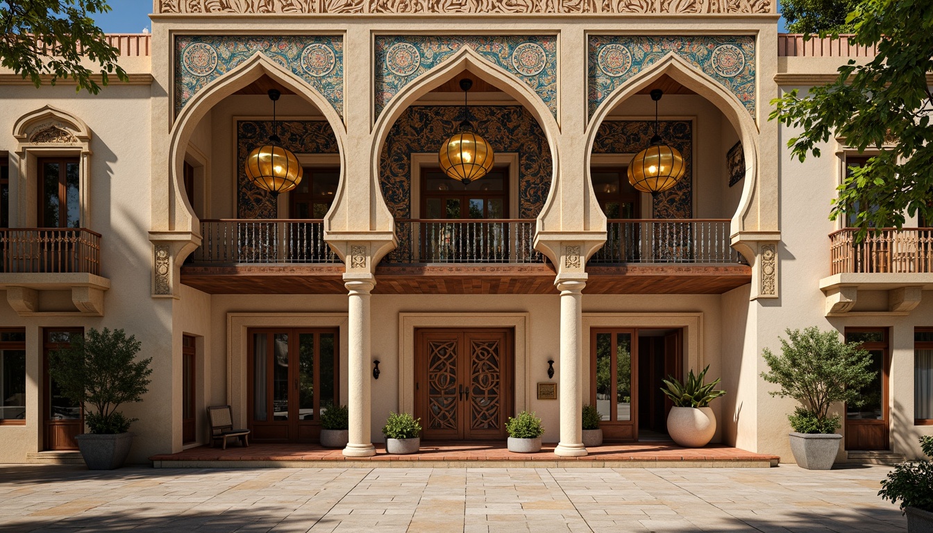 Prompt: Ornate Byzantine-style facade, intricately carved stone arches, ornamental columns, golden domes, vibrant mosaic patterns, richly textured brickwork, grand entranceways, imposing stone walls, dramatic arched windows, regal balconies, lavish decorative details, warm golden lighting, shallow depth of field, 1/1 composition, symmetrical view, realistic textures, ambient occlusion.