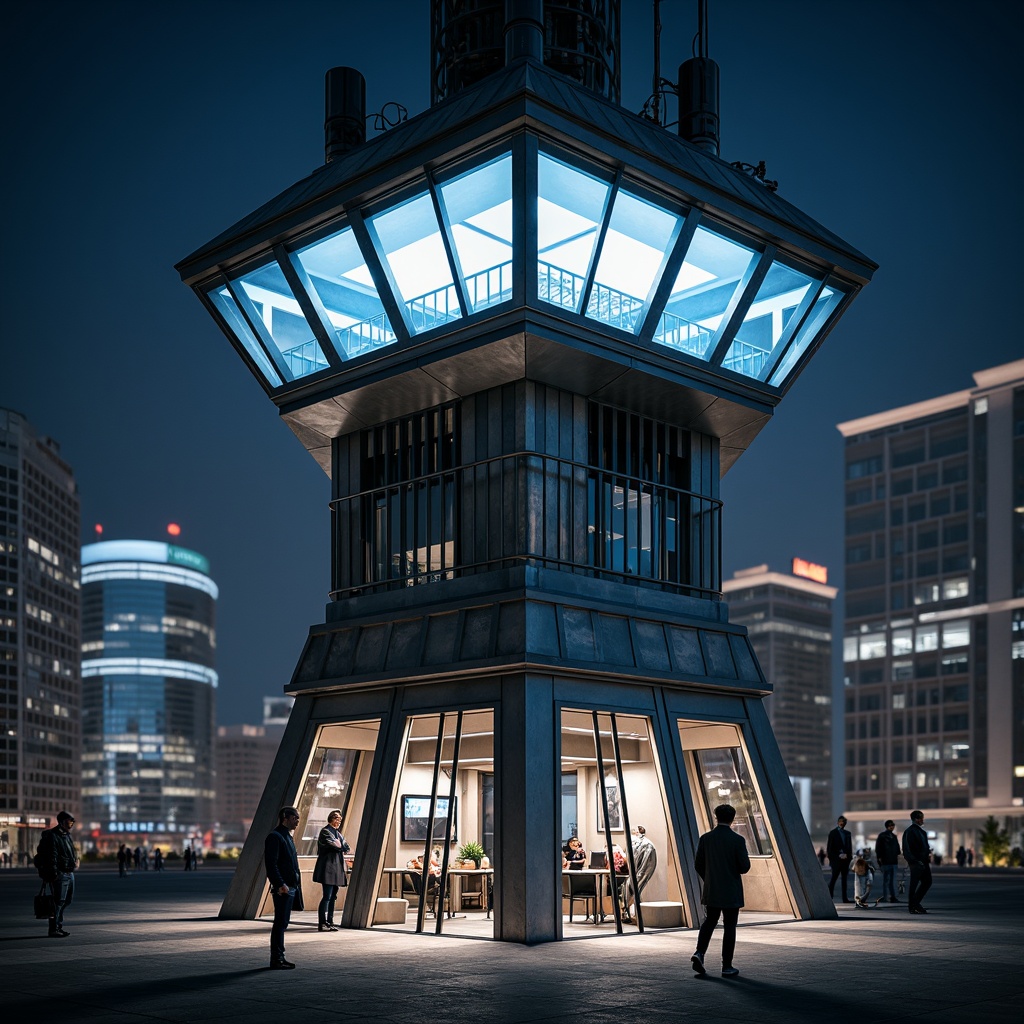 Prompt: Futuristic watchtower, sleek metallic facade, angular lines, dynamic LED lighting, modern surveillance systems, high-tech communication equipment, reinforced steel structures, durable weather-resistant materials, urban cityscape background, nighttime ambiance, dramatic spotlighting, shallow depth of field, 1/1 composition, realistic reflective surfaces, ambient occlusion.