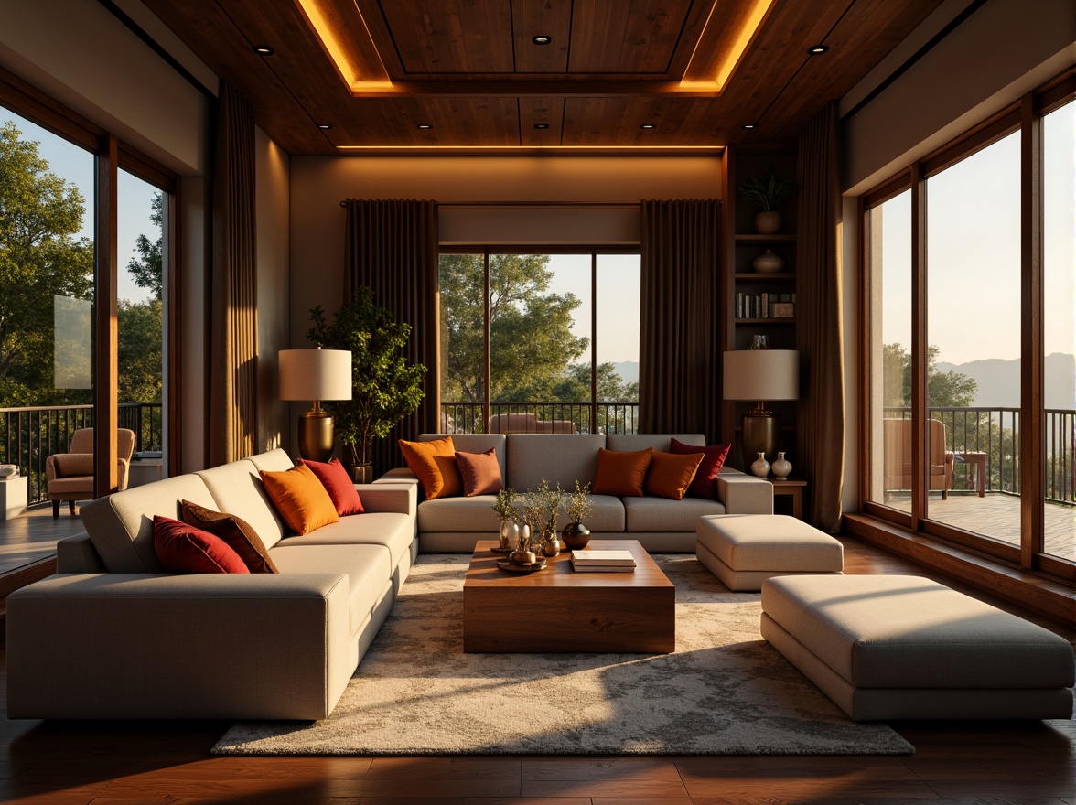 Prompt: Cozy living room, warm soft lighting, golden lamp shades, plush furniture, rich wood accents, vibrant colorful throw pillows, modern minimalist decor, floor-to-ceiling windows, natural daylight, gentle morning sunlight, dramatic evening shadows, ambient glow, LED strip lights, recessed ceiling fixtures, elegant chandeliers, subtle mood lighting, intimate atmosphere, 1/2 composition, low-key illumination, cinematic depth of field.