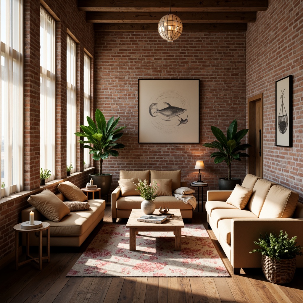 Prompt: Exposed brick walls, wooden floorboards, high ceilings, large windows, natural light pouring in, cozy reading nooks, plush velvet sofas, soft candlelight, warm beige tones, vintage decorative items, distressed wood furniture, elegant chandeliers, sheer white curtains, flower-patterned rugs, romantic ambiance, intimate setting, soft focus, shallow depth of field, 1/1 composition, warm color palette, realistic textures.